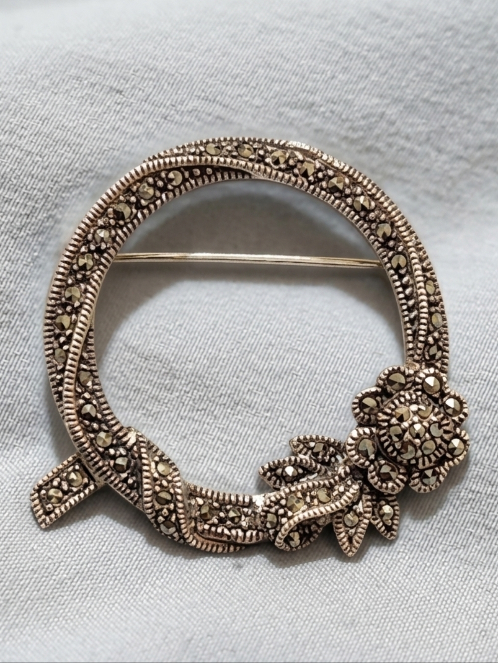 Vintage GSJ Sterling Silver 925 Marcasite Floral Wreath Brooch Pin Thailand